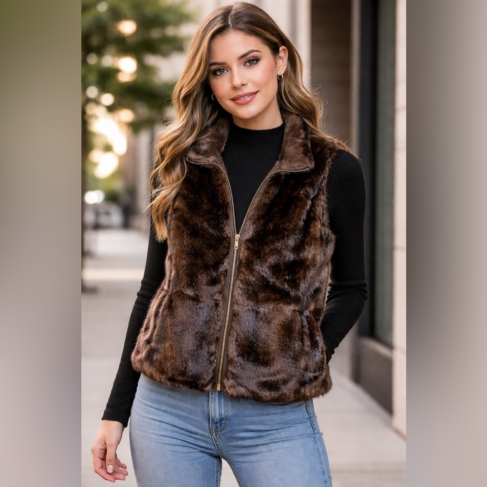 Women’s Faux Fur Zip-Up Vest | Dark Brown Caramel Two-Tone